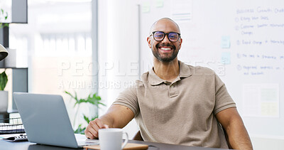 Buy stock photo Laptop, portrait and glasses with business man in office for research, blog writer and journalist. Article column, planning and reading with person in agency for story editor and publish schedule