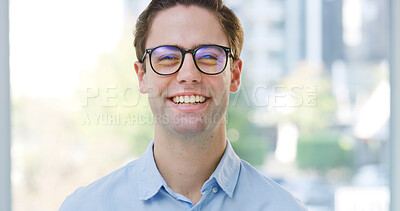 Buy stock photo Glasses, happy and portrait of business man in office for financial career, stock broker and investor. Corporate, finance consultant and person with vision, confidence and pride for job opportunity