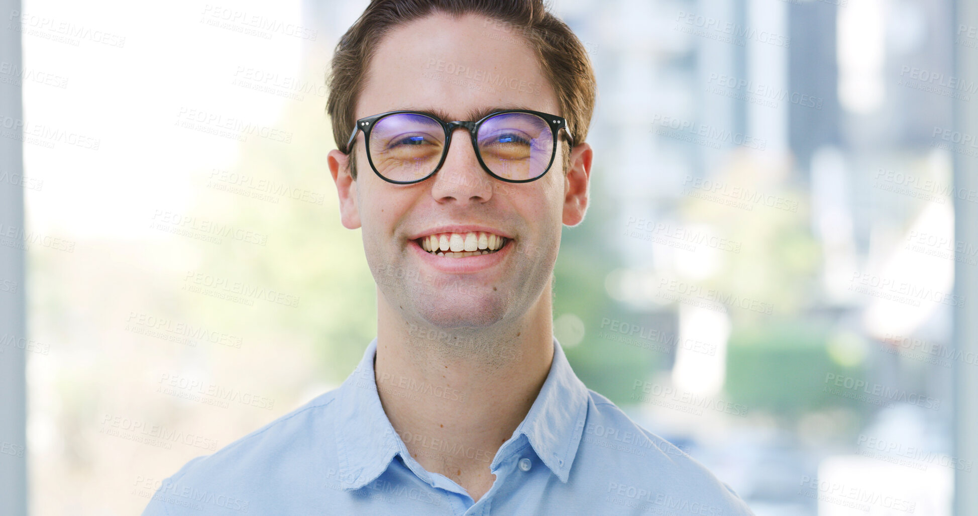 Buy stock photo Glasses, happy and portrait of business man in office for financial career, stock broker and investor. Corporate, finance consultant and person with vision, confidence and pride for job opportunity