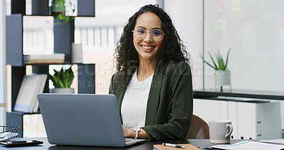 Buy stock photo Business woman, laptop and portrait in office for management, employee benefits and admin. Female person, technology or HR manager on internet for staff communication, compliance or recruitment