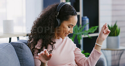 Buy stock photo Headphones, relax and woman, on sofa, home and youth radio in living room. Apartment, song and happy person on couch, hip hop and streaming for audio, tech and listening to music and mental health