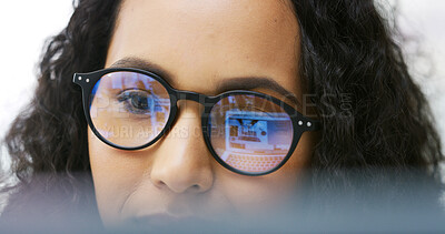 Buy stock photo Laptop, reading and glasses with business woman in office for reflection, blog writer and journalist. Article column, planning and website with person in agency for story editor and publish schedule