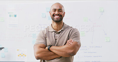 Buy stock photo Portrait, smile and arms crossed with business man in office for campaign manager, event briefing and planning. Project timeline, progress update and creative startup with person for about us
