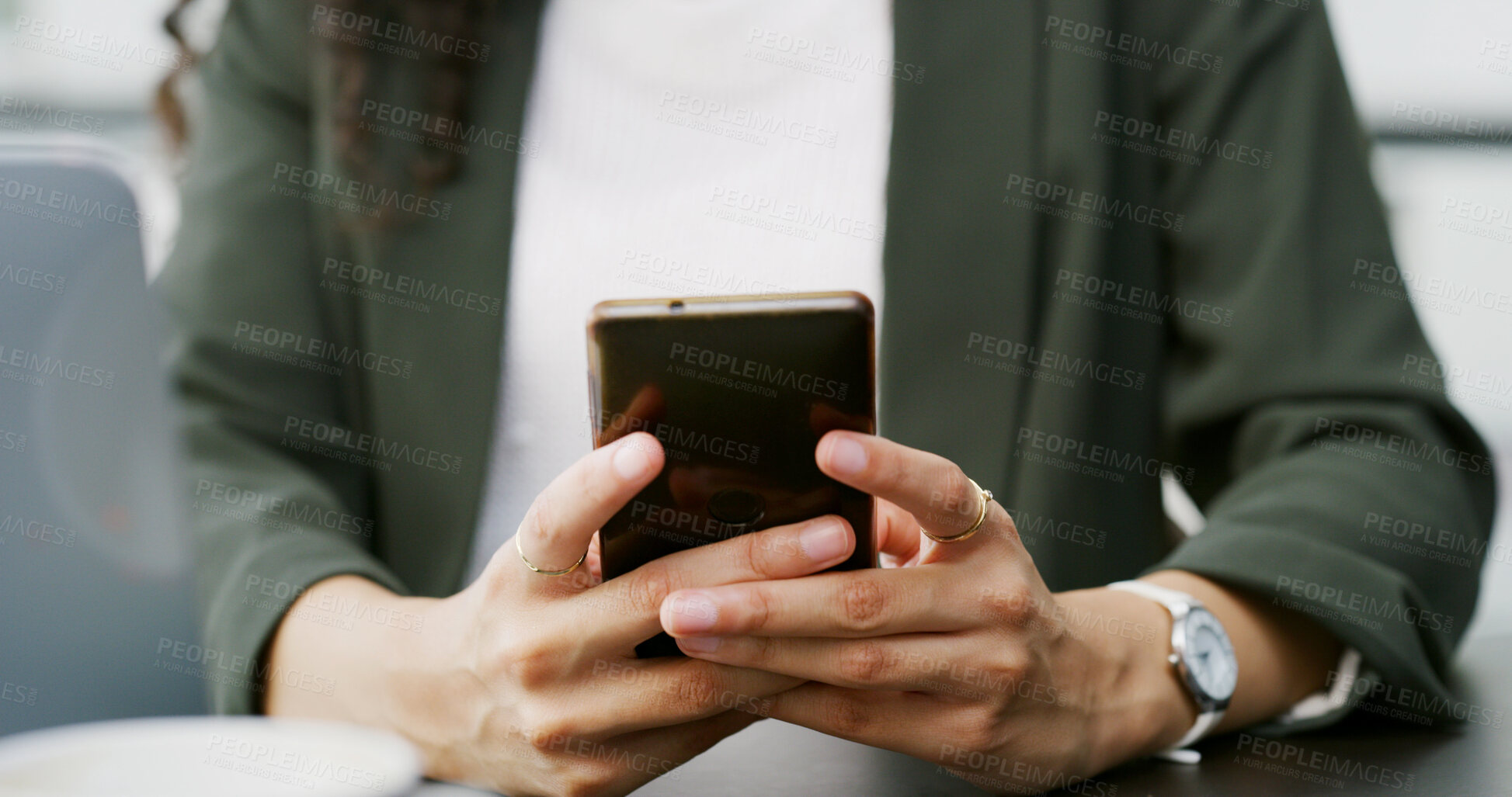 Buy stock photo Phone, text and hands of business woman in office for investment app, communication and account review. Contact, online portfolio and trading website with employee in agency for scroll and chat