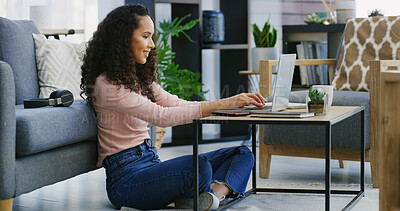 Buy stock photo Smile, woman and typing on laptop at house for remote work, editing article and proofreading. Person, freelancer and pc for website research, editor feedback and review story for publication schedule