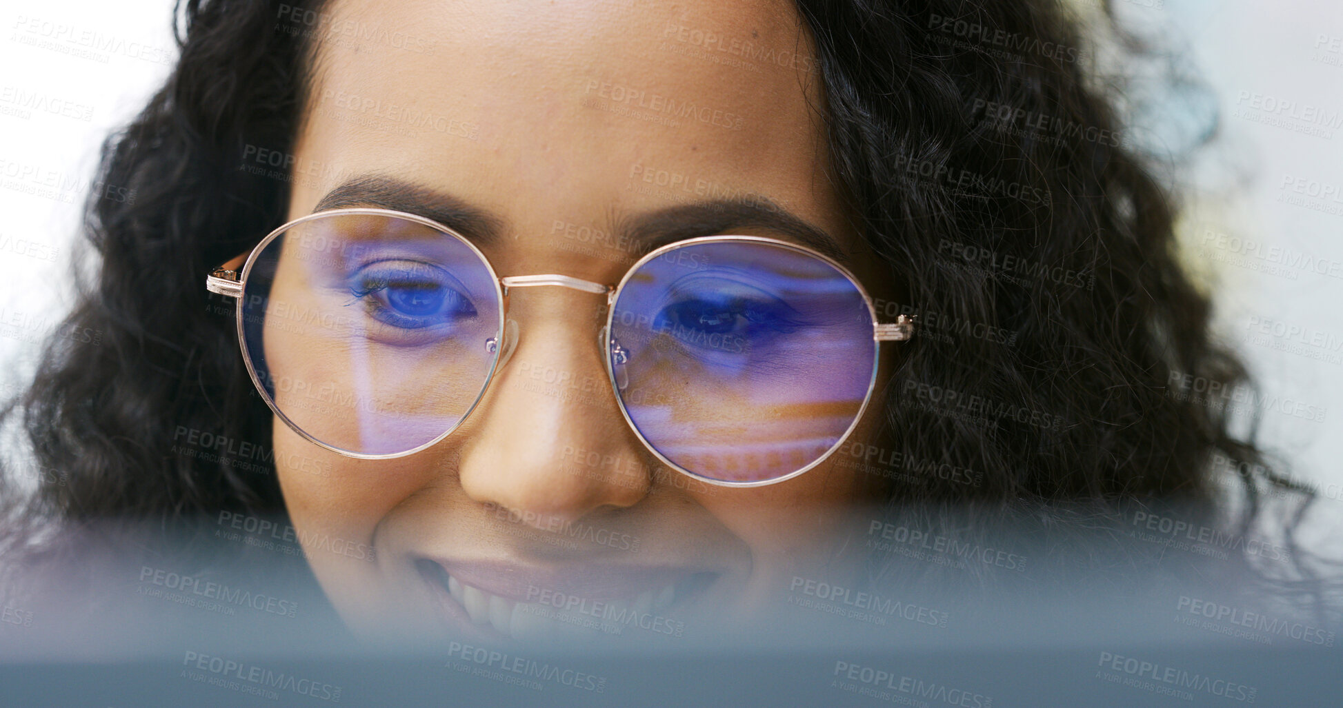 Buy stock photo Laptop, glasses and happy woman in office for reading news, research or troubleshooting solution. Programmer, PC and developer with eyewear for coding technology, problem solving or online review