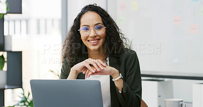 Buy stock photo Business woman, laptop and portrait for admin, employee benefits and management in office. Female person, technology or HR manager on internet for staff communication, compliance or recruitment