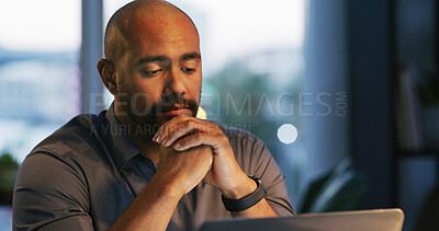 Buy stock photo Editor, thinking and man on laptop in office for review, proofreading or news report in agency. Company, bokeh or journalist editing in startup for magazine blog, article and research with technology