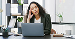 Frustrated woman, headache and stress with laptop in office for business deadline or burnout. Female person, anxiety or migraine with tension on computer for strain, pressure or fatigue in workplace