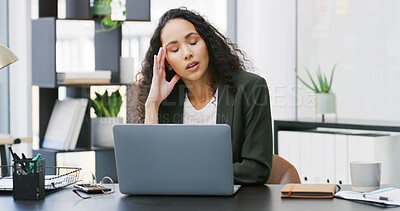 Buy stock photo Frustrated woman, headache and stress with laptop in office for business deadline or burnout. Female person, anxiety or migraine with tension on computer for strain, pressure or fatigue in workplace