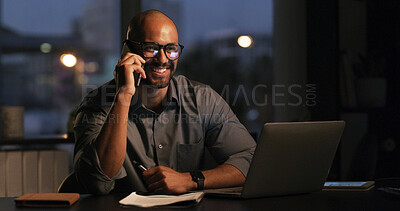 Buy stock photo Happy, employee and man in office, phone call or financial advice for contact, accountant and night. Working late, consultant and person with mobile, laptop and plan for deadline in business