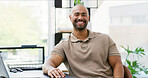 Portrait, business and man with smile in office for career pride, about us and media reporter. Happy, journalist and computer with confidence, article headline and press release for publication post