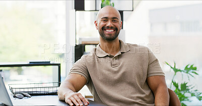 Buy stock photo Portrait, business and man with smile in office for career pride, about us and media reporter. Happy, journalist and computer with confidence, article headline and press release for publication post