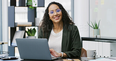 Buy stock photo Business woman, laptop and portrait for HR manager, employee benefits and management in office. Female person, technology or admin on internet for staff communication, compliance or recruitment