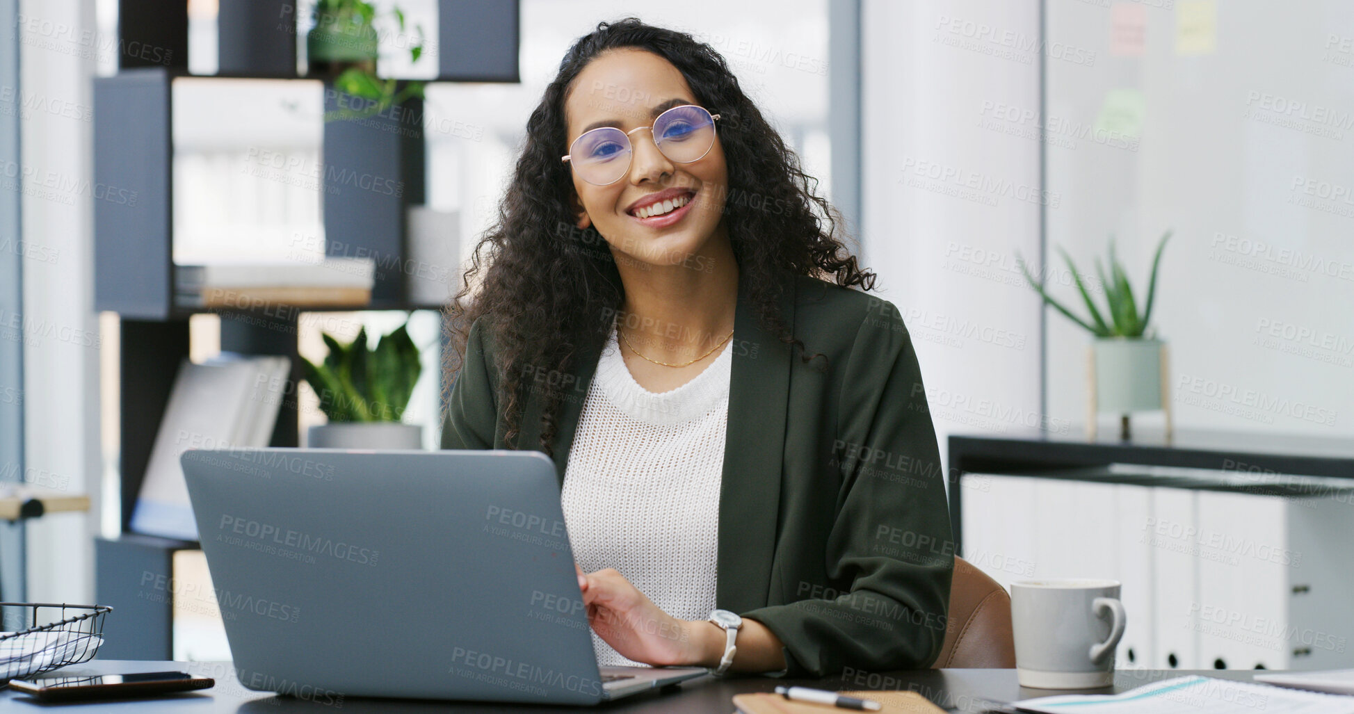 Buy stock photo Business woman, laptop and portrait for HR manager, employee benefits and management in office. Female person, technology or admin on internet for staff communication, compliance or recruitment