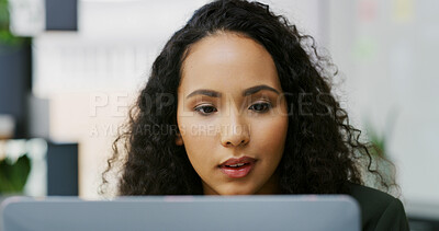 Buy stock photo Review, online and woman with laptop, office and plan for lawsuit, lawyer and legal services on web. Employee, attorney and person with tech for research, reading and preparing for case in law firm