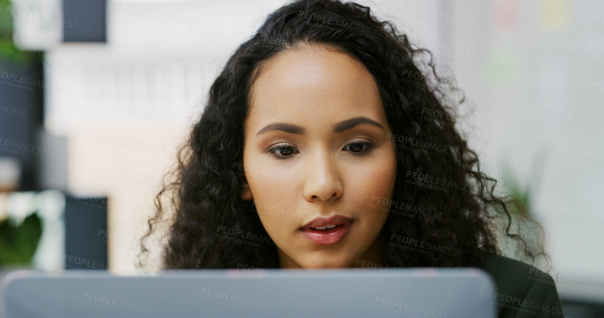 Buy stock photo Review, online and woman with laptop, office and plan for lawsuit, lawyer and legal services on web. Employee, attorney and person with tech for research, reading and preparing for case in law firm