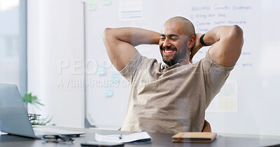 Buy stock photo Happy, businessman or relax with laptop for break, finished or deadline completion in office. Male person, rest or done with computer or productivity for tasks, daily schedule or project in workplace