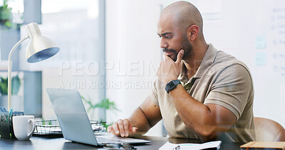 Buy stock photo Laptop, thinking and media with business man in office for research, blog writer and reflection. Article column, vision and reading with person in agency for story editor and publish schedule
