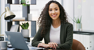 Buy stock photo Business woman, laptop and portrait for management, employee benefits and admin in office. Female person, technology or HR manager on internet for staff communication, compliance or recruitment