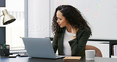 Buy stock photo Business woman, neck pain and injury with laptop in office for stress, overworked or burnout. Female person, sore spine or bruise with muscle tension on computer for strain, deadline or pressure