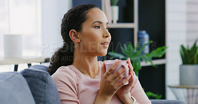 Buy stock photo Coffee, morning and woman on sofa in home with calm, peaceful or relax on weekend break. Happy, tea and female person drinking warm beverage or latte with smile on couch in living room at apartment.