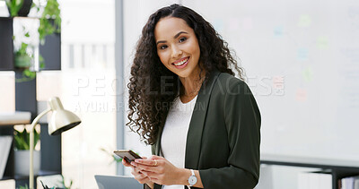 Buy stock photo Business, cellphone and woman in office, portrait and financial agency with message to contact. Person, investment banker or employee with smartphone, email or connection with smile and digital app