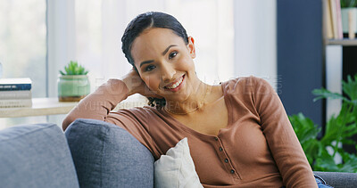 Buy stock photo Portrait, happy and woman on couch, home and break in living room, relax and confident in apartment. Calm, person and resting on sofa in lounge, positive attitude and comfortable on weekend in house