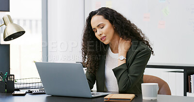 Buy stock photo Frustrated woman, neck pain and injury with laptop in office for stress, overworked or burnout. Female person, sore shoulder or bruise with muscle tension on computer for strain, deadline or pressure