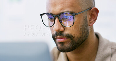 Buy stock photo Employee, laptop and man with glasses, office or research for troubleshooting, online and debugging. Business, software developer and person with reflection on eyewear, code review and cybersecurity