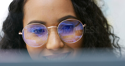 Buy stock photo Laptop, glasses and happy woman in office for news, troubleshooting solution or reading research. Programmer, PC and developer with eyewear for coding technology, problem solving or online review