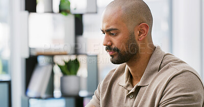 Buy stock photo Serious, man and thinking in home with stress for bad decision, regret mistake or financial loss. Mental health, person or reflection in apartment for bankruptcy, debt concern or contemplating crisis