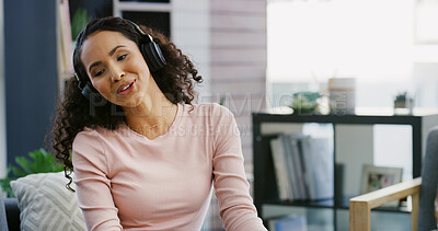 Buy stock photo Singing, woman and headphones for music, home and listening to song, entertainment and subscription. Online, streaming and person with tech for radio, relax and internet connection for audio on break