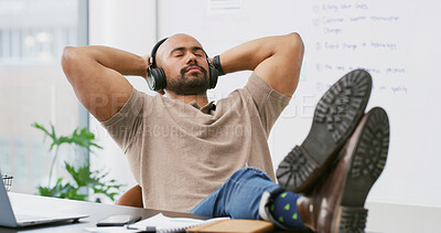 Buy stock photo Business man, thinking and music for task, break or finished with podcast or video. Headphones, consultant and creative agent with audio, streaming and rest for project management idea or relax