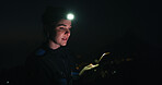Headlamp, hiking and phone with woman in dark to search for directions to destination or location. App, map and navigation at night with hiker outdoor for evening adventure, journey or travel