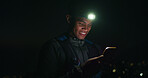 Headlamp, hiking and phone with black man at night to search for directions to destination or location. App, map and navigation with happy hiker outdoor for evening adventure or journey in dark
