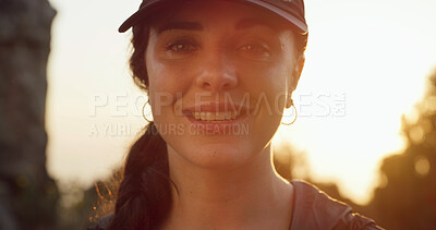 Buy stock photo Portrait, woman and hiking with sunset for journey, smile and environment for travel destination. Female person, eco tourism and flare with trekking, outdoor and holiday for nature adventure hobby