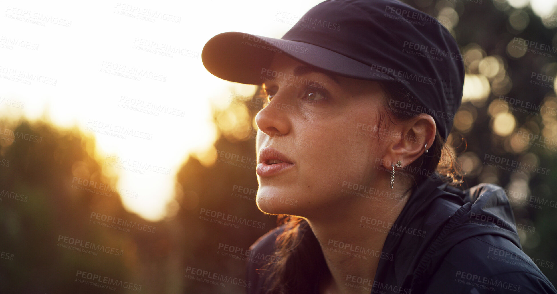Buy stock photo Thinking, woman and hiking with sunset for adventure, ideas and decision for travel destination. Female person, eco tourism and planning for trekking, choice and reflection for nature hobby and bokeh