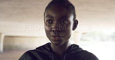 Buy stock photo Serious, runner or black woman in city for thinking, marathon training or exercise health. Break, ideas or female athlete in urban parking lot for workout wellness, outdoor jog and sports fitness