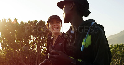 Buy stock photo Hiking, smile and explore with friends in nature for adventure,  bonding and backpacking destination. Eco vacation, trekking and wellness with people outdoor for travel, wilderness and hiker hobby