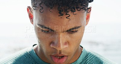 Buy stock photo Runner, sweating and tired with man outdoor for fitness, intense workout and health. Running break, exhausted and exercise fatigue with person in nature for breathing, recovery stop and challenge