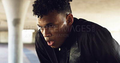 Buy stock photo Tired, black man and fitness with sweat for workout, intense exercise or training in urban town. Active, male person or break with breathing or rest for recovery, fatigue or outdoor physical activity