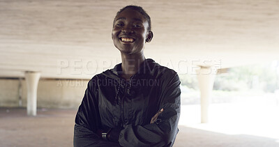 Buy stock photo Portrait, fitness and black woman in city, arms crossed and smile with wellness, exercise and pride. African person, outdoor and runner with confidence, training and healthy with workout and funny