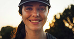 Portrait, woman and hiking with sunset for adventure, smile and environment for travel destination. Female person, eco tourism and relax for trekking, outdoor and holiday for nature journey hobby