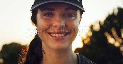 Buy stock photo Portrait, woman and hiking with sunset for adventure, smile and environment for travel destination. Female person, eco tourism and relax for trekking, outdoor and holiday for nature journey hobby