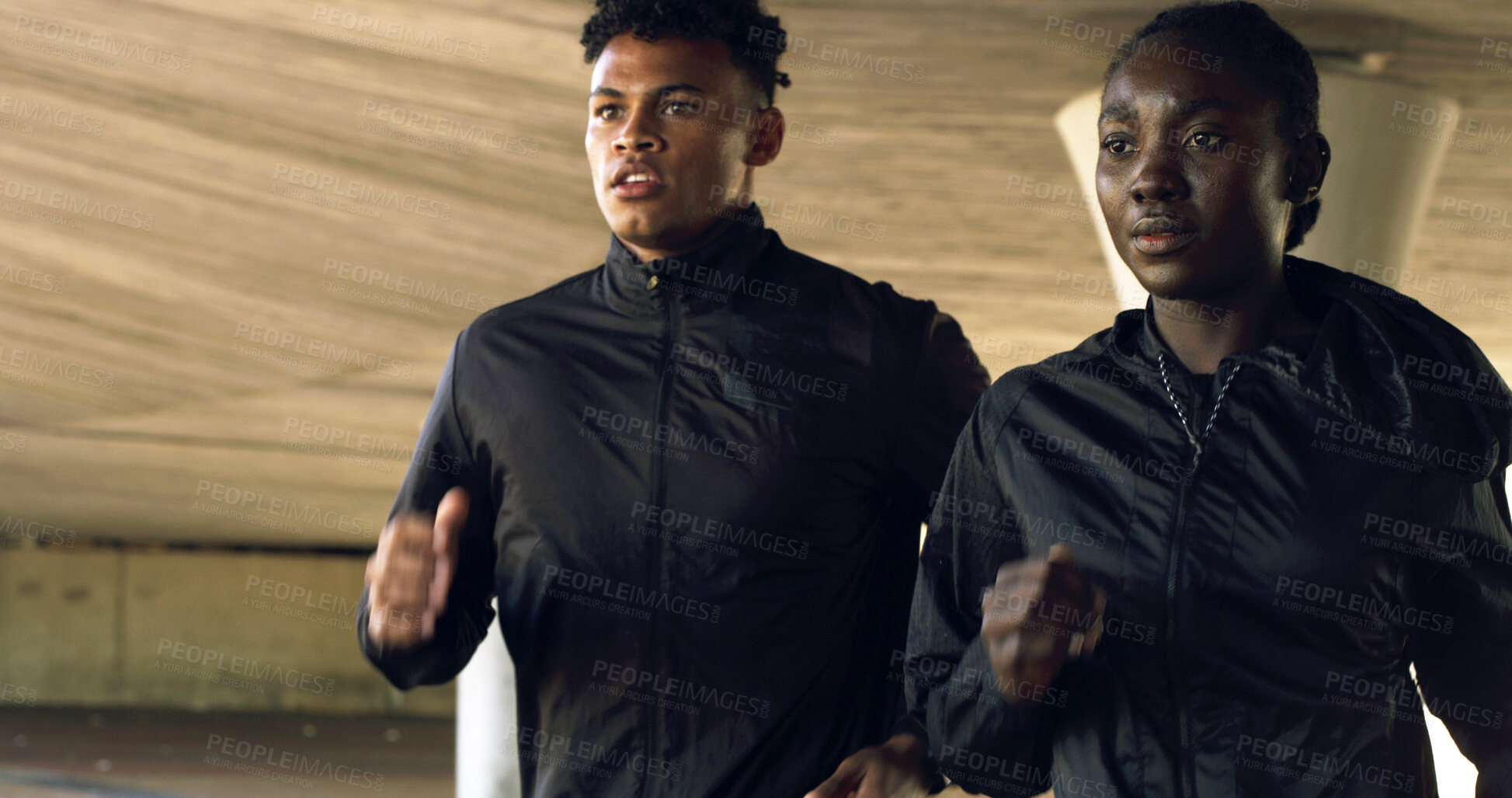 Buy stock photo Team, athlete or exercise for sport, running and preparing for marathon with sportswear and cardio. Training, runner or fitness for African people, wellness or practice for race with personal trainer