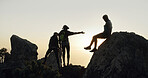 Hiking, sunset and hill with friends in nature for adventure,  bonding and backpacking destination. Eco vacation, trekking and wellness with people outdoor for travel, wilderness and support