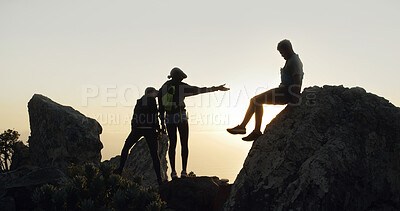 Buy stock photo Hiking, sunset and help with friends in nature for adventure,  bonding and backpacking destination. Eco vacation, trekking and wellness with people outdoor for travel, wilderness and support