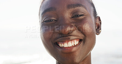 Buy stock photo Portrait, happy and black woman for fitness outdoor with pride, exercise and training break. Athlete, female person and closeup with urban workout, sports challenge and marathon practice for wellness