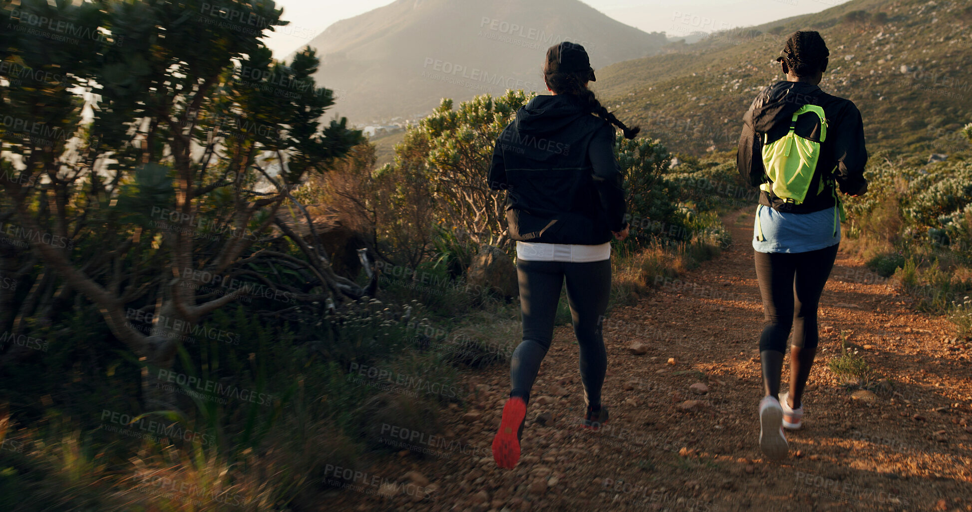 Buy stock photo Fitness, back of women and running on mountain trail for marathon practice, endurance and exercise. Cardio club, team and jogging in nature for pace training, sports performance and workout challenge